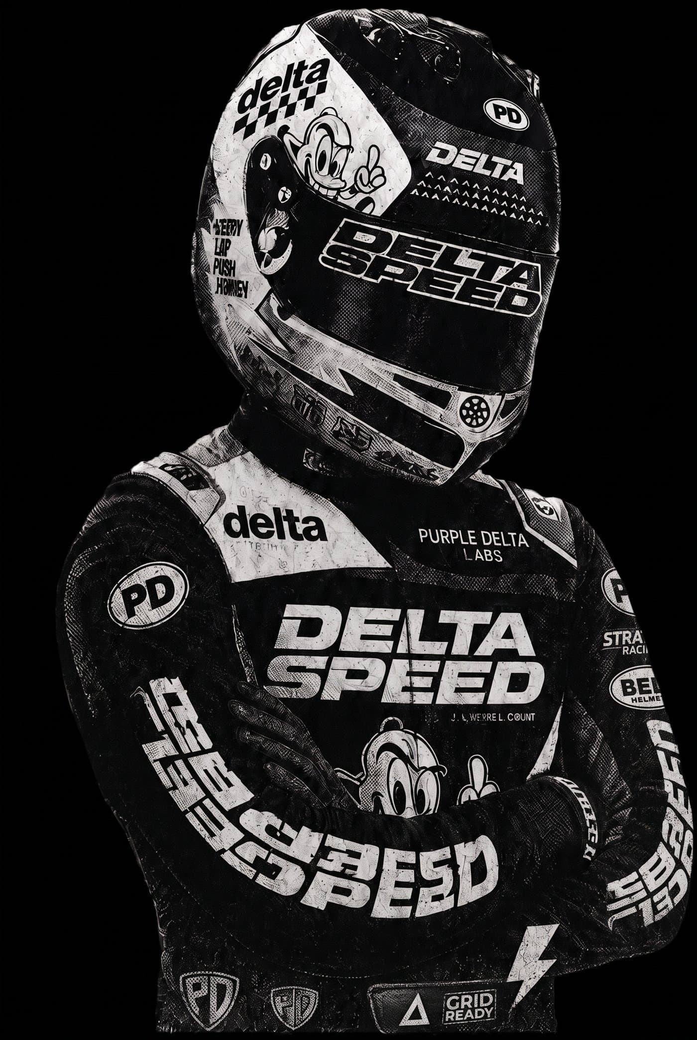 Purple Delta race-weekend kit, worn
